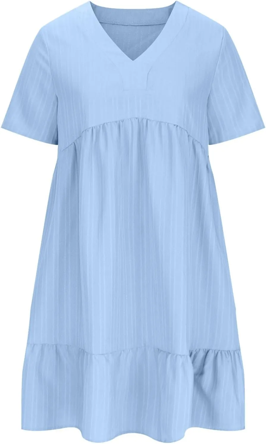 Womens Dresses Summer Plus Size Short Sleeve V Neck Casual Flowy Tshirt Dress Beach Travel Vacation Mini Sundress