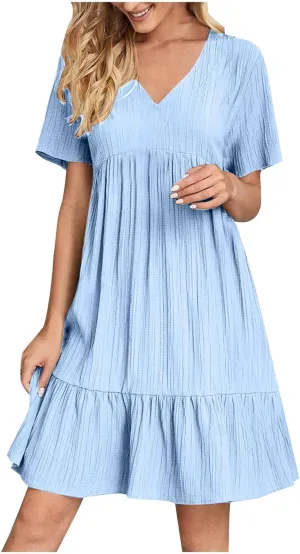 Womens Dresses Summer Plus Size Short Sleeve V Neck Casual Flowy Tshirt Dress Beach Travel Vacation Mini Sundress