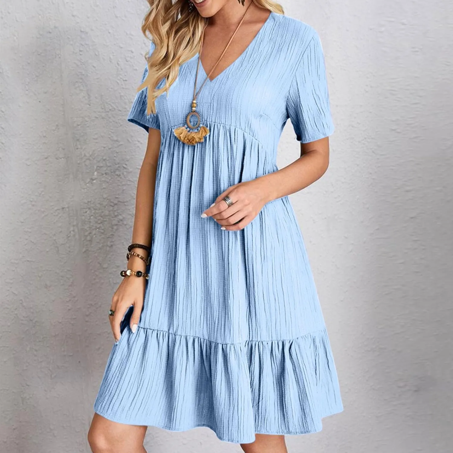Womens Dresses Summer Plus Size Short Sleeve V Neck Casual Flowy Tshirt Dress Beach Travel Vacation Mini Sundress