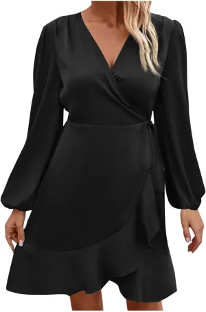 Women's Dressy Satin A-Line Dress Wrap V Neck Ruffle Mini Dresses Lantern Long Sleeves Belted Elegant Flared Dress