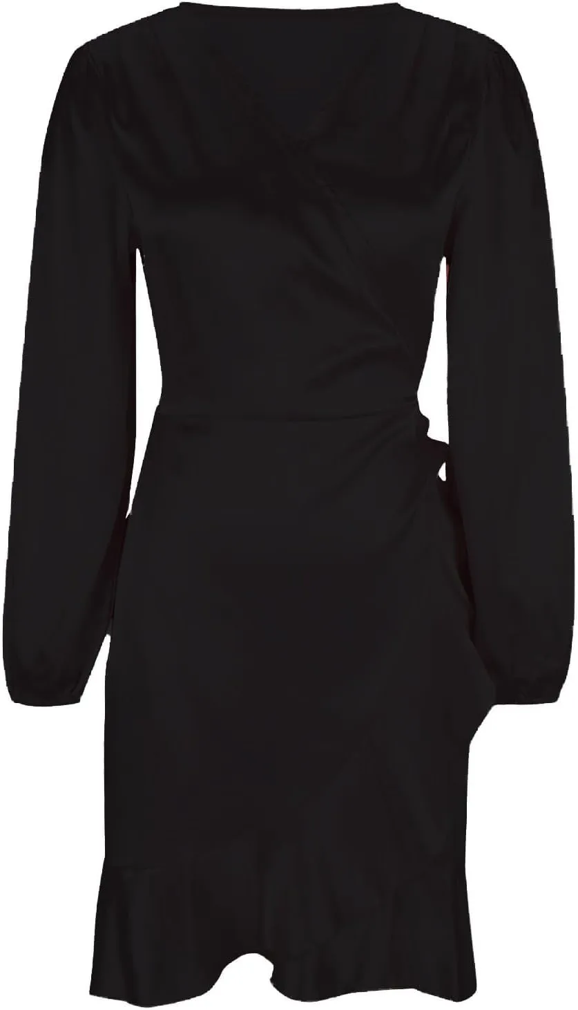 Women's Dressy Satin A-Line Dress Wrap V Neck Ruffle Mini Dresses Lantern Long Sleeves Belted Elegant Flared Dress