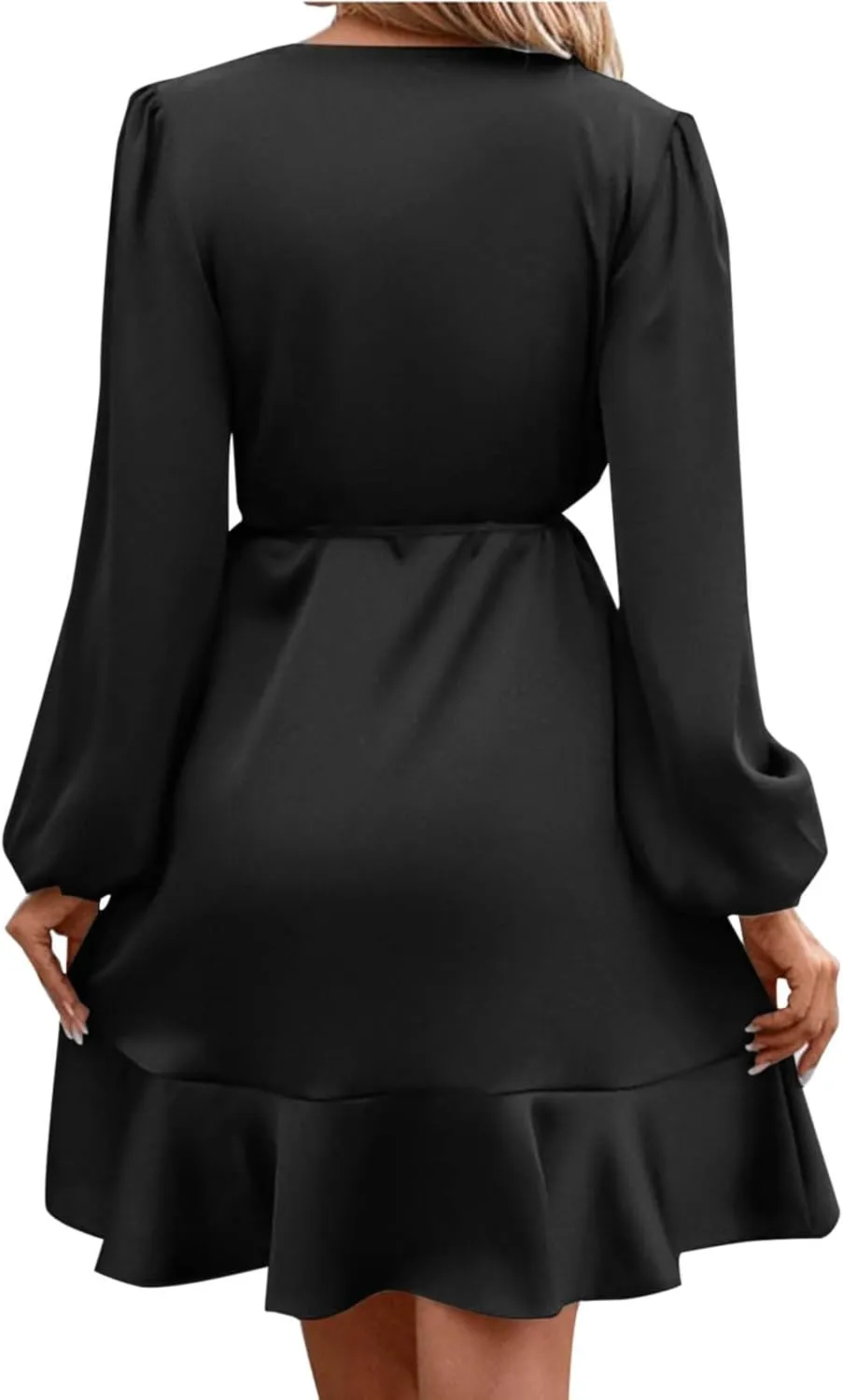 Women's Dressy Satin A-Line Dress Wrap V Neck Ruffle Mini Dresses Lantern Long Sleeves Belted Elegant Flared Dress