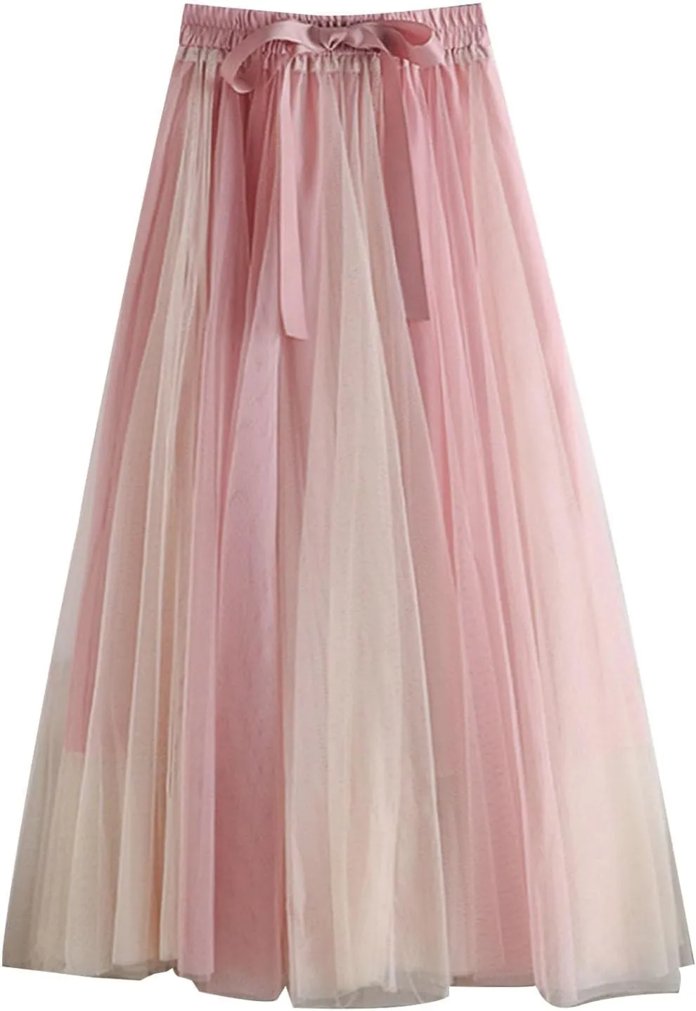 Women's Elegant Tulle Skirts Color Blocking Pleated Flowy Skirt Bow High Waist Ankle Length Midi Skirt