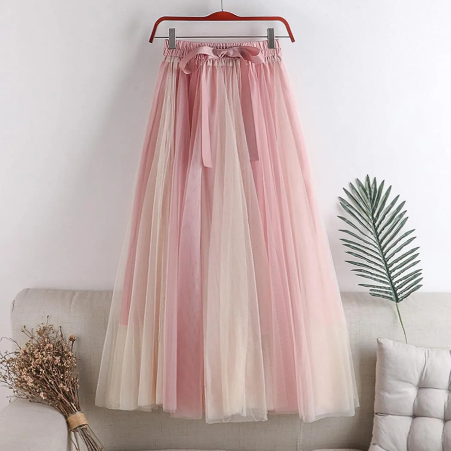 Women's Elegant Tulle Skirts Color Blocking Pleated Flowy Skirt Bow High Waist Ankle Length Midi Skirt