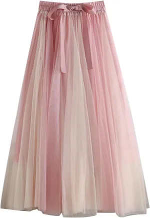Women's Elegant Tulle Skirts Color Blocking Pleated Flowy Skirt Bow High Waist Ankle Length Midi Skirt