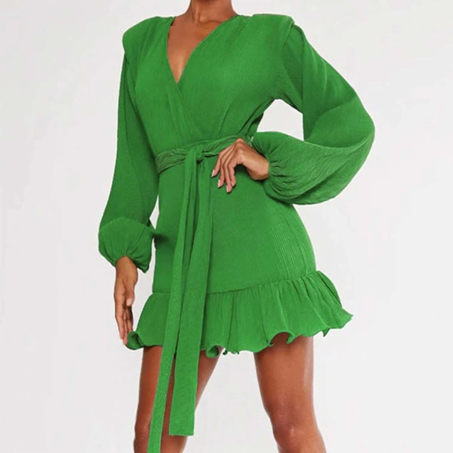 Women's Fall Winter Casual Long Sleeve V Neck Dress Waist Tie Ruffle Hem Trendy Elegant Solid Color Mini Swing Dresses