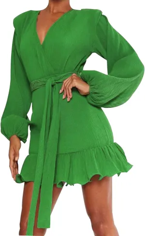 Women's Fall Winter Casual Long Sleeve V Neck Dress Waist Tie Ruffle Hem Trendy Elegant Solid Color Mini Swing Dresses