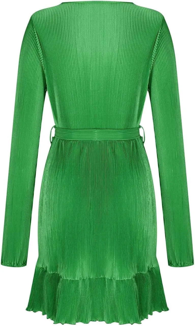 Women's Fall Winter Casual Long Sleeve V Neck Dress Waist Tie Ruffle Hem Trendy Elegant Solid Color Mini Swing Dresses