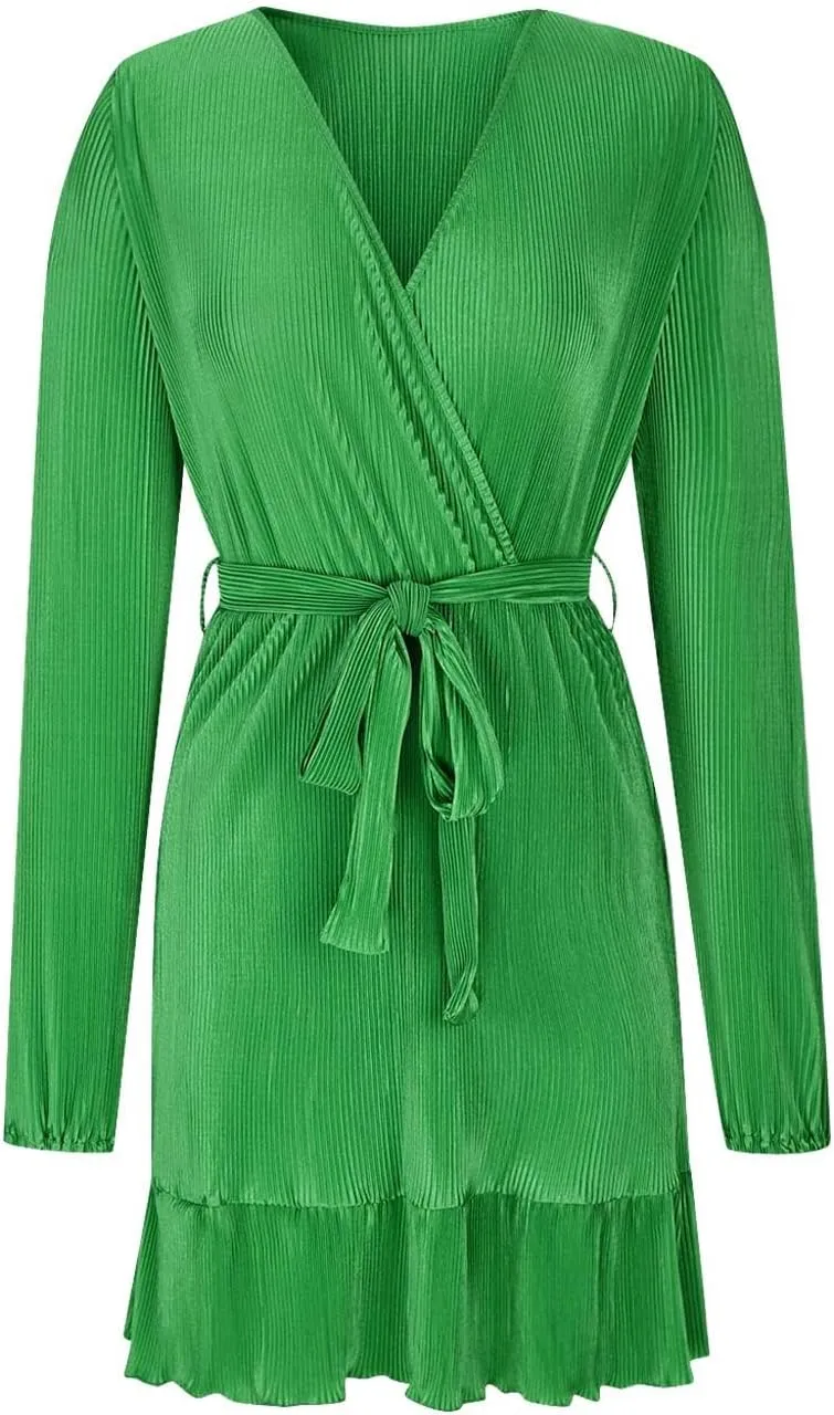 Women's Fall Winter Casual Long Sleeve V Neck Dress Waist Tie Ruffle Hem Trendy Elegant Solid Color Mini Swing Dresses