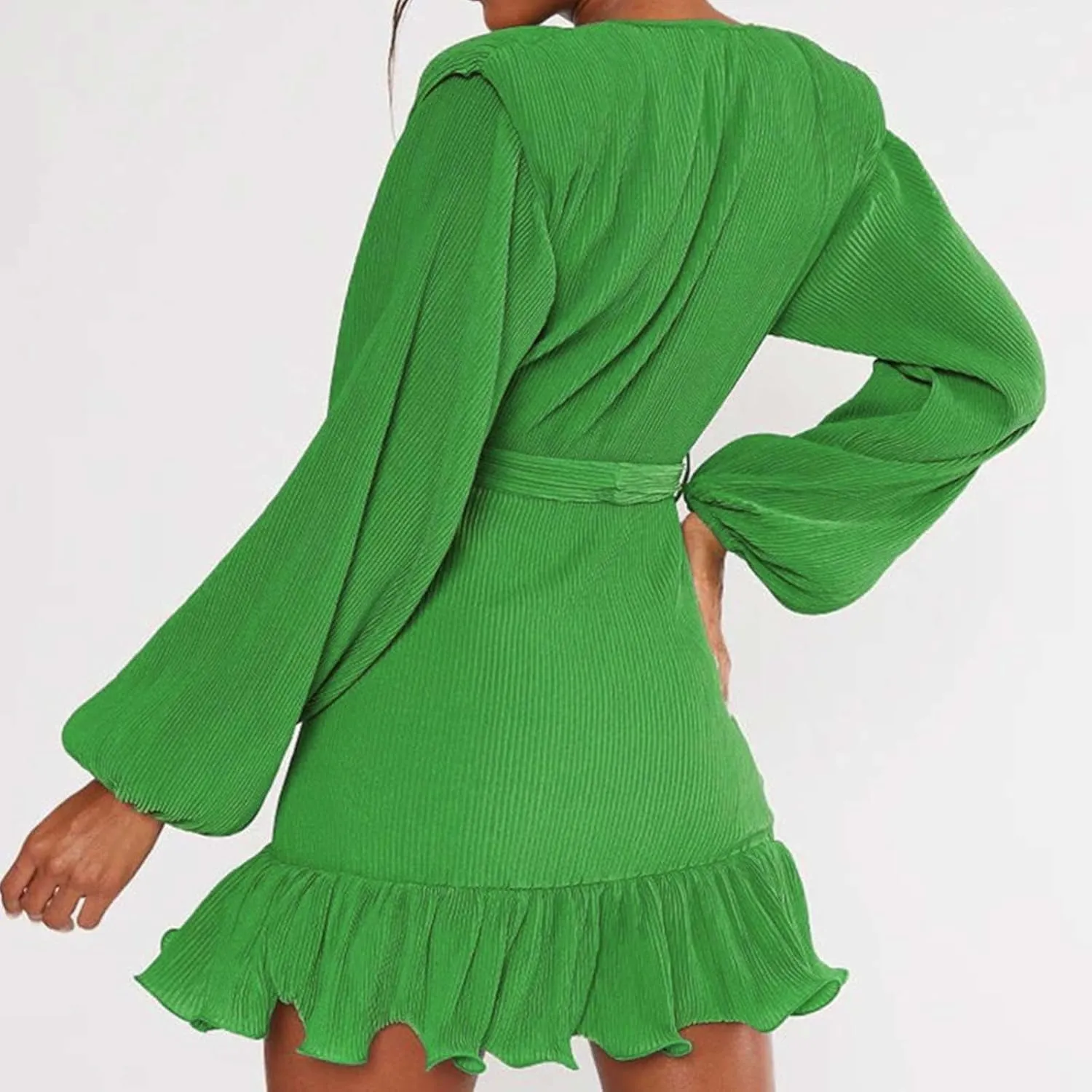 Women's Fall Winter Casual Long Sleeve V Neck Dress Waist Tie Ruffle Hem Trendy Elegant Solid Color Mini Swing Dresses