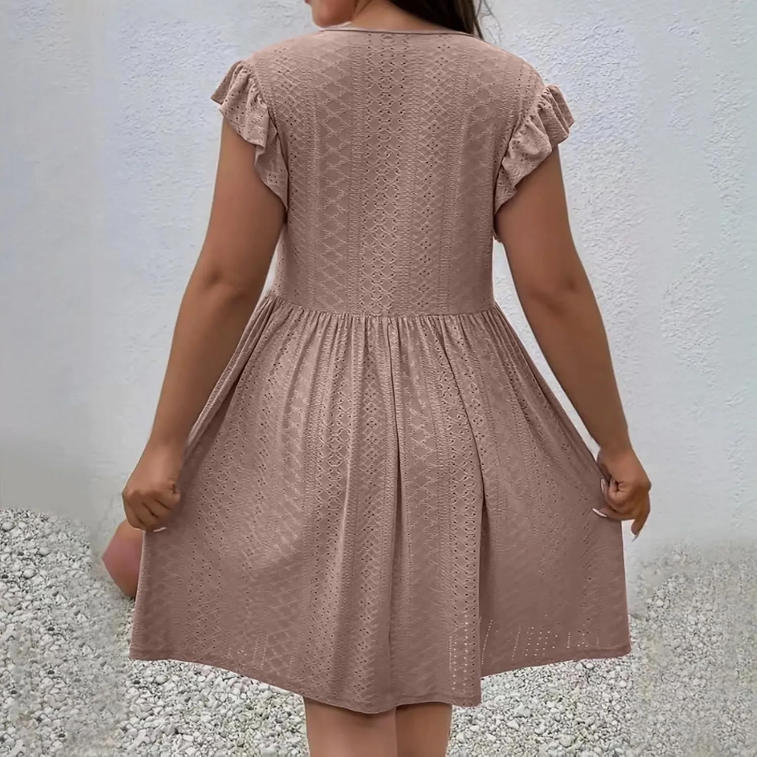Women's Fashion Eyelet Embroidery Summer Midi Dress, Loose Plus Size Ruffle Short Sleeve Flowy Dresses Casual Comfy