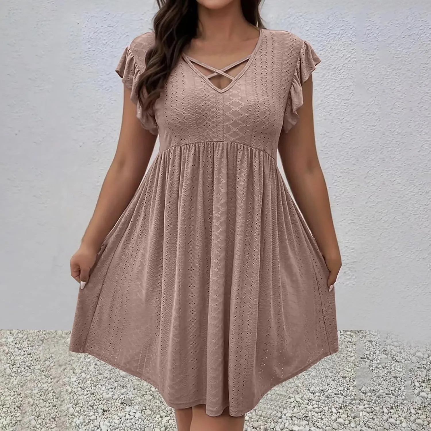 Women's Fashion Eyelet Embroidery Summer Midi Dress, Loose Plus Size Ruffle Short Sleeve Flowy Dresses Casual Comfy