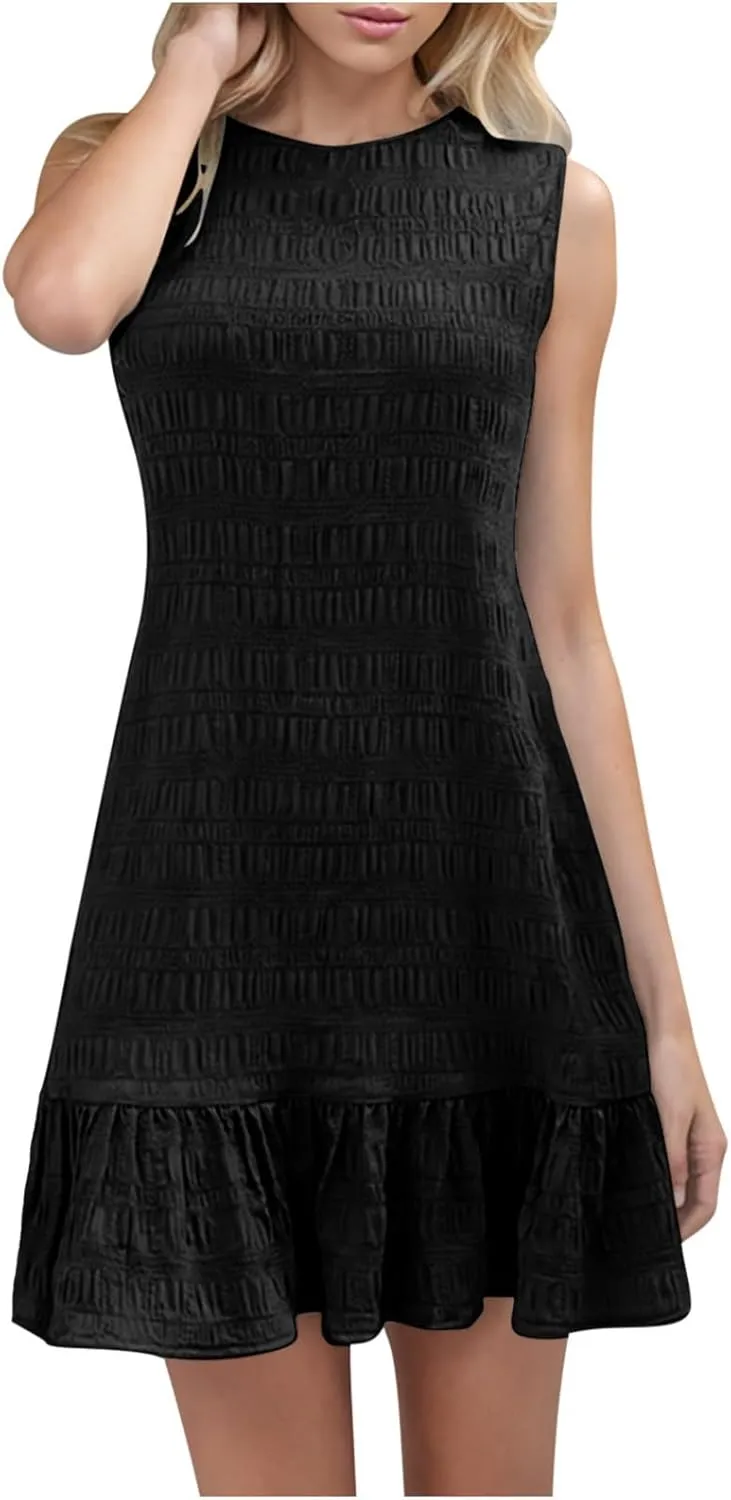 Women's Fashion Textured Tank Dress Summer Sleeveless Keyhole Back Mini Sundress Crewneck Ruffle Boho Swing Dresses