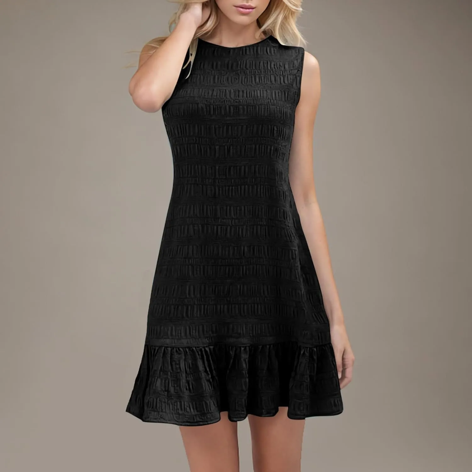 Women's Fashion Textured Tank Dress Summer Sleeveless Keyhole Back Mini Sundress Crewneck Ruffle Boho Swing Dresses
