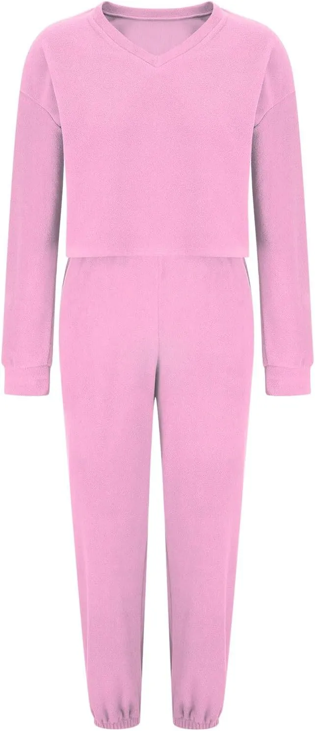 Women's Fuzzy Casual Pajamas Sets Long Sleeve Fleece V Neck Pullover Top and Pants 2 Piece Fluffy Loungewear Sleepwear