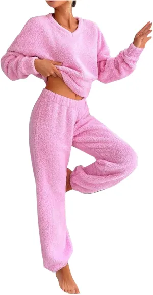 Women's Fuzzy Casual Pajamas Sets Long Sleeve Fleece V Neck Pullover Top and Pants 2 Piece Fluffy Loungewear Sleepwear