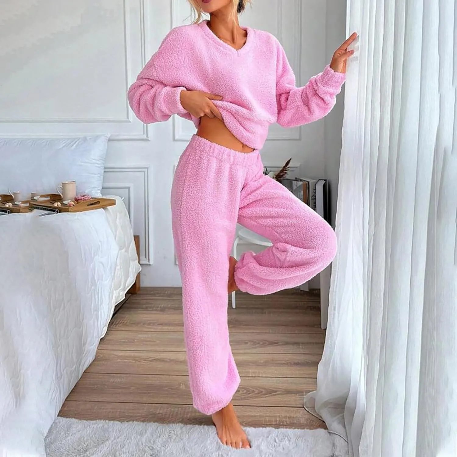 Women's Fuzzy Casual Pajamas Sets Long Sleeve Fleece V Neck Pullover Top and Pants 2 Piece Fluffy Loungewear Sleepwear