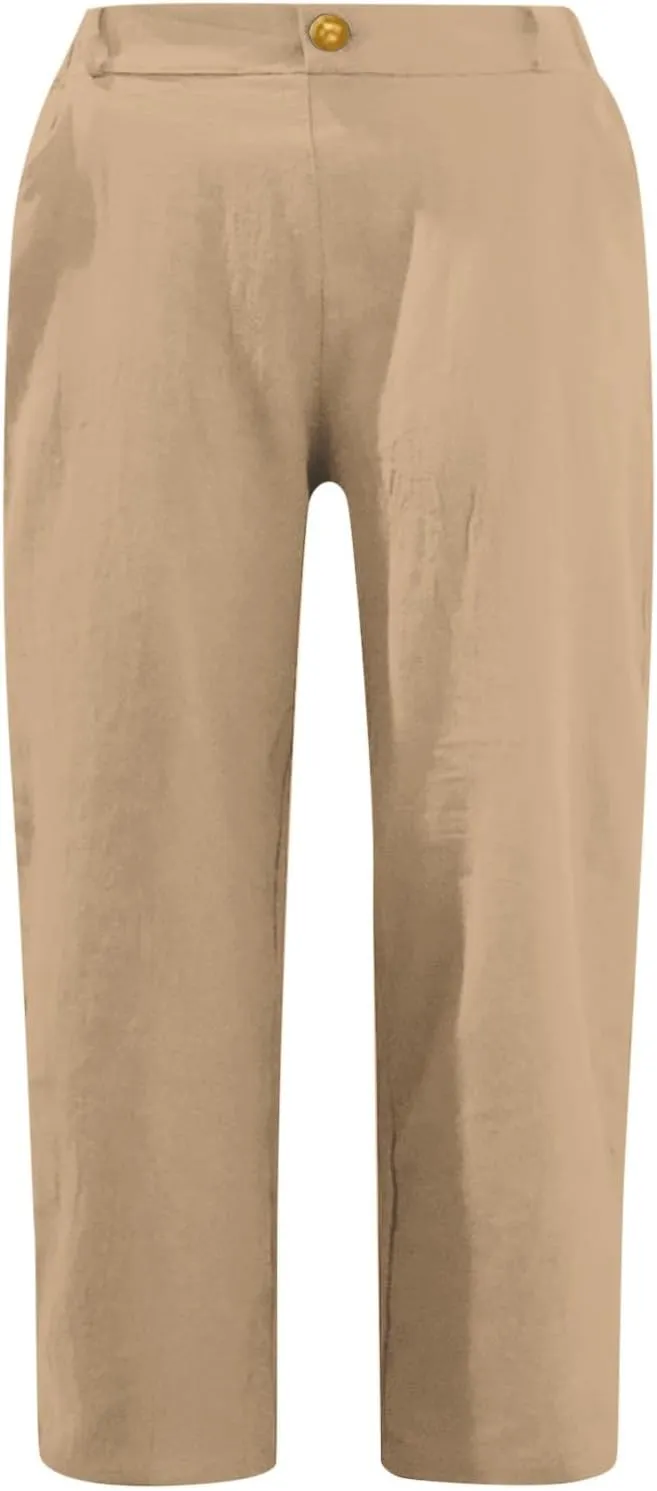 Womens Linen Pants Casual Loose High Waist Summer Beach Travel Vacation Harem Trousers Capri Cropped with Pockets