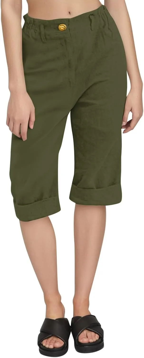 Womens Linen Pants Casual Loose High Waist Summer Beach Travel Vacation Harem Trousers Capri Cropped with Pockets