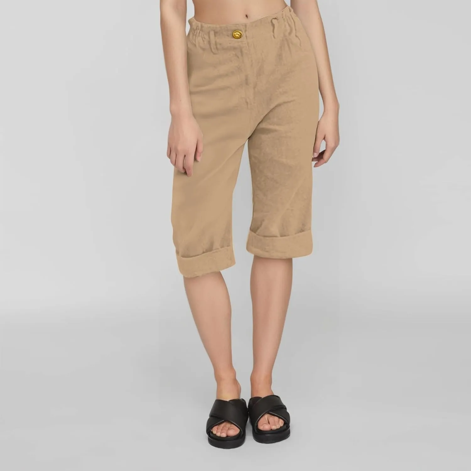 Womens Linen Pants Casual Loose High Waist Summer Beach Travel Vacation Harem Trousers Capri Cropped with Pockets
