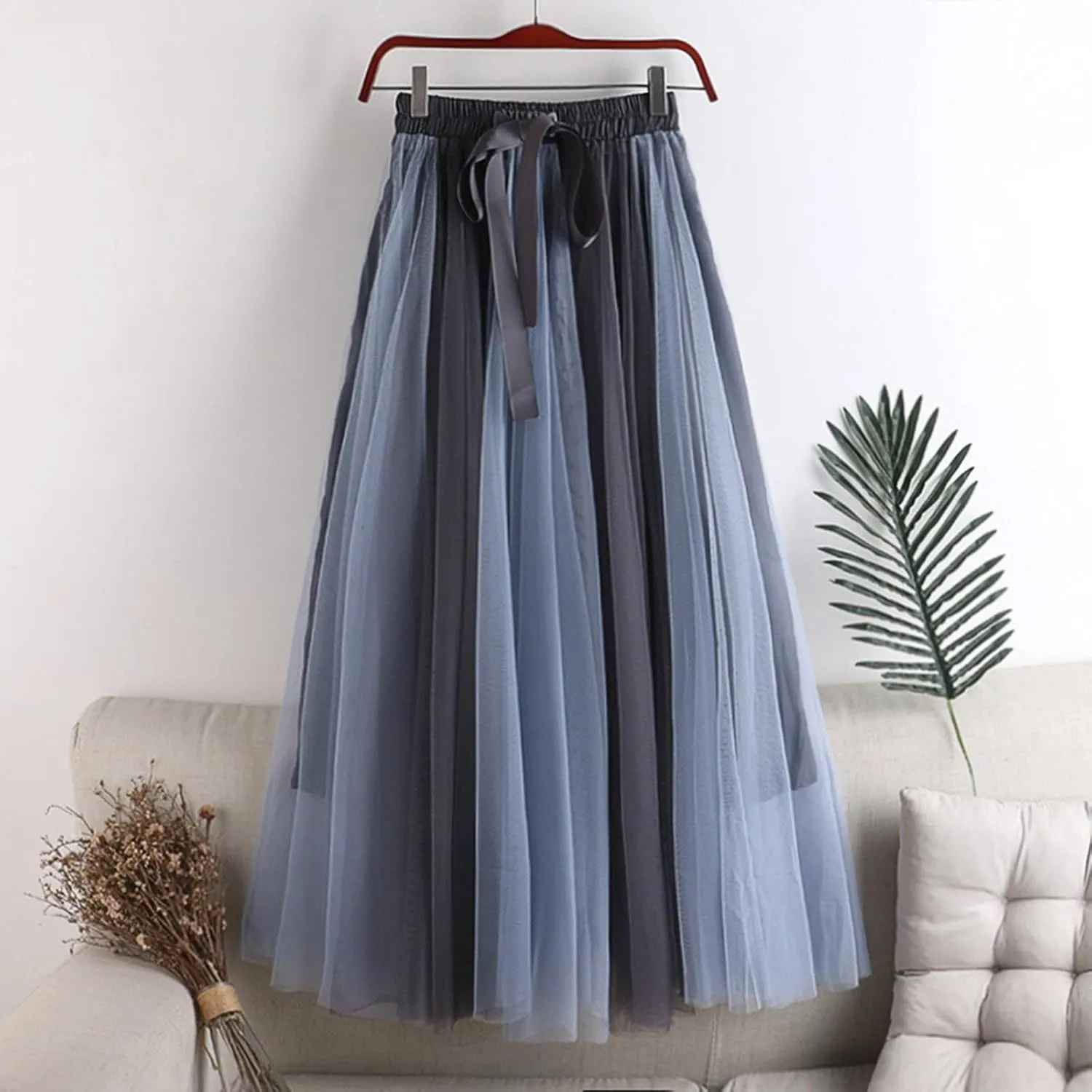 Women's Long Rainbow A Line Tulle Skirts High Waisted Pleated Flowy Fairy Skirt A Line Bridesmaid Wedding Midi Skirt