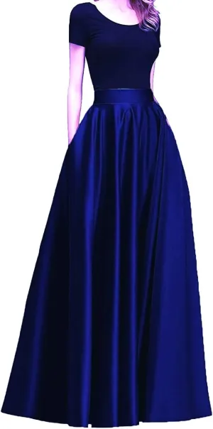 Womens Long Satin Bridesmaid Dress Floor Length Maxi Skirts High Waist Fomal Prom Party Skirts with Pockets