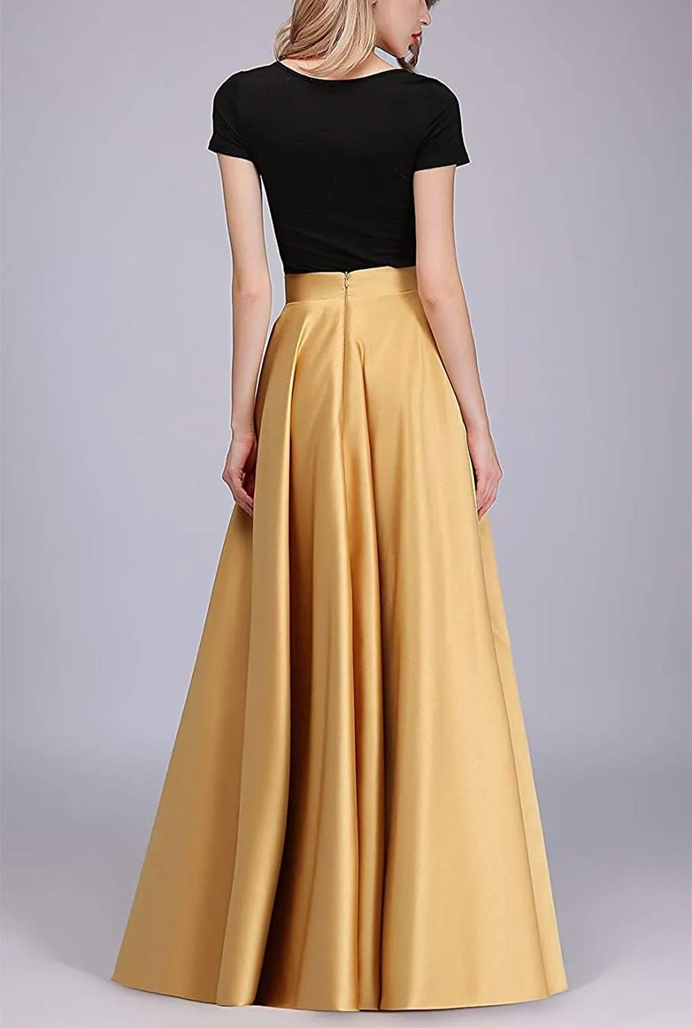 Womens Long Satin Bridesmaid Dress Floor Length Maxi Skirts High Waist Fomal Prom Party Skirts with Pockets