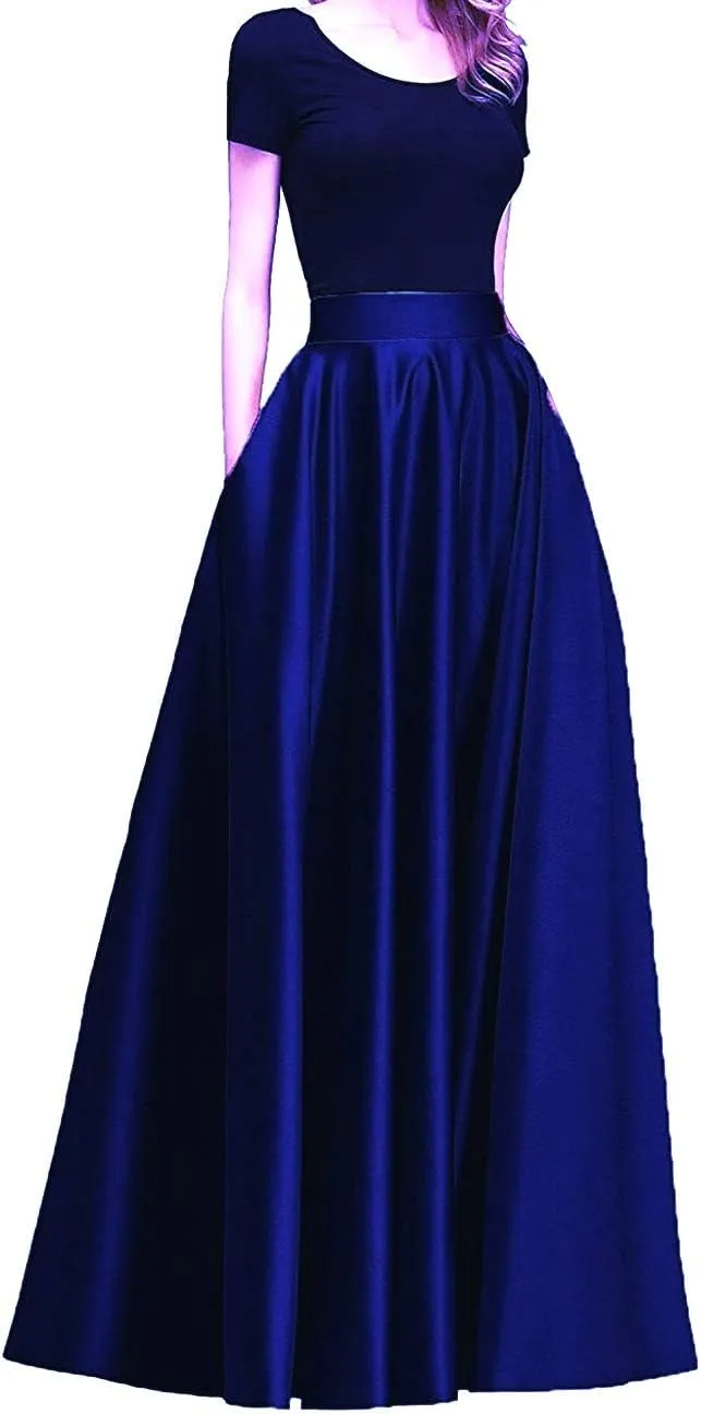 Womens Long Satin Bridesmaid Dress Floor Length Maxi Skirts High Waist Fomal Prom Party Skirts with Pockets