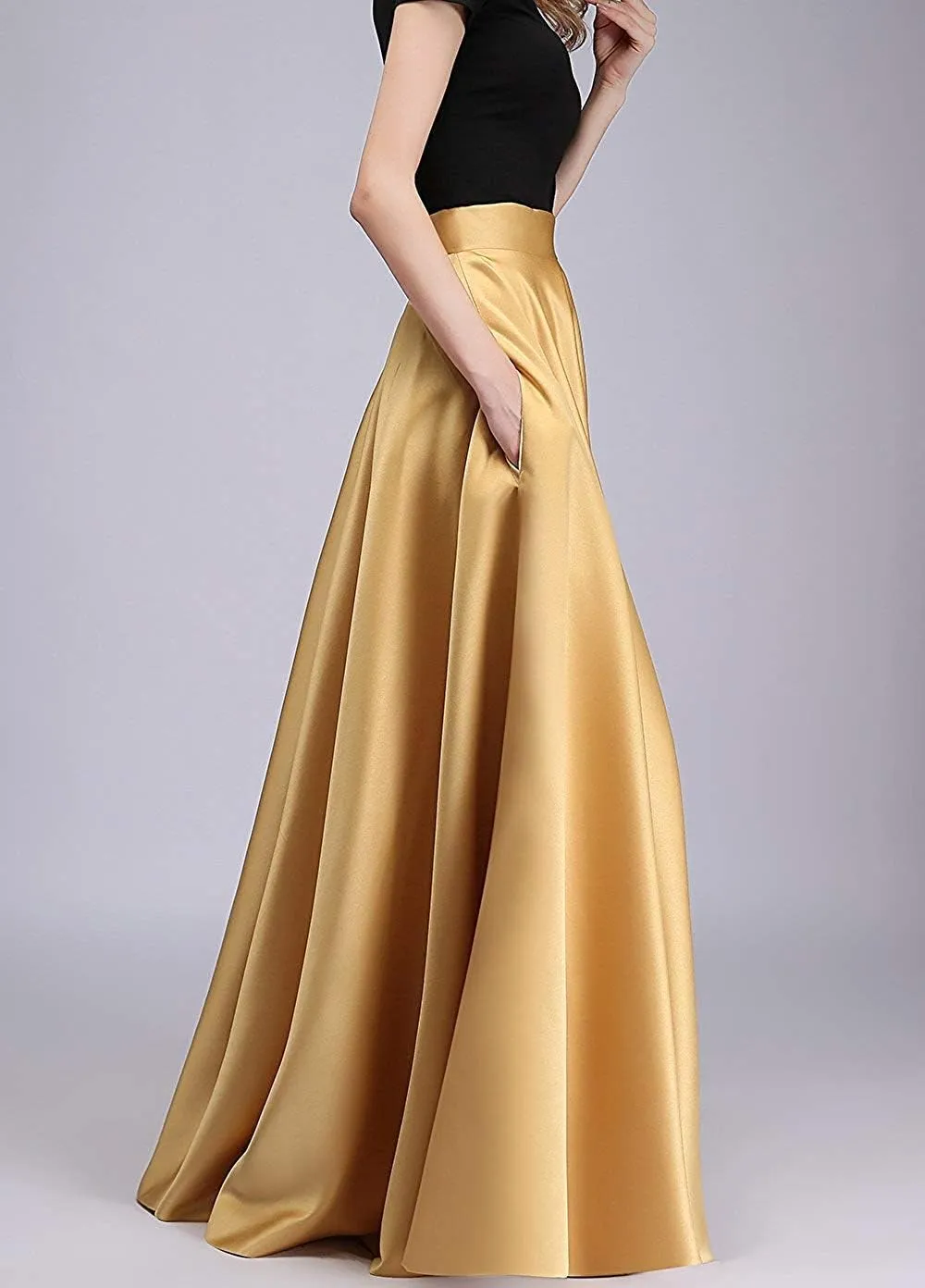 Womens Long Satin Bridesmaid Dress Floor Length Maxi Skirts High Waist Fomal Prom Party Skirts with Pockets