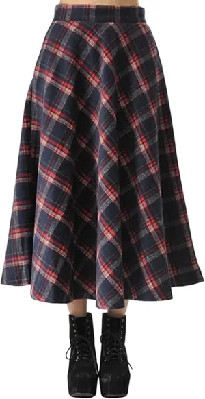 Womens Plaid Long Wool Skirt High Waist A-Line Pleated Maxi Skirt with Pockets