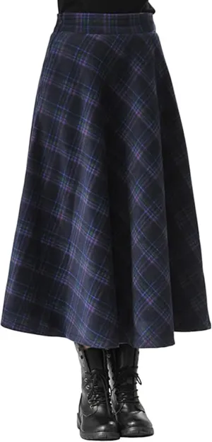 Womens Plaid Long Wool Skirt High Waist A-Line Pleated Maxi Skirt with Pockets