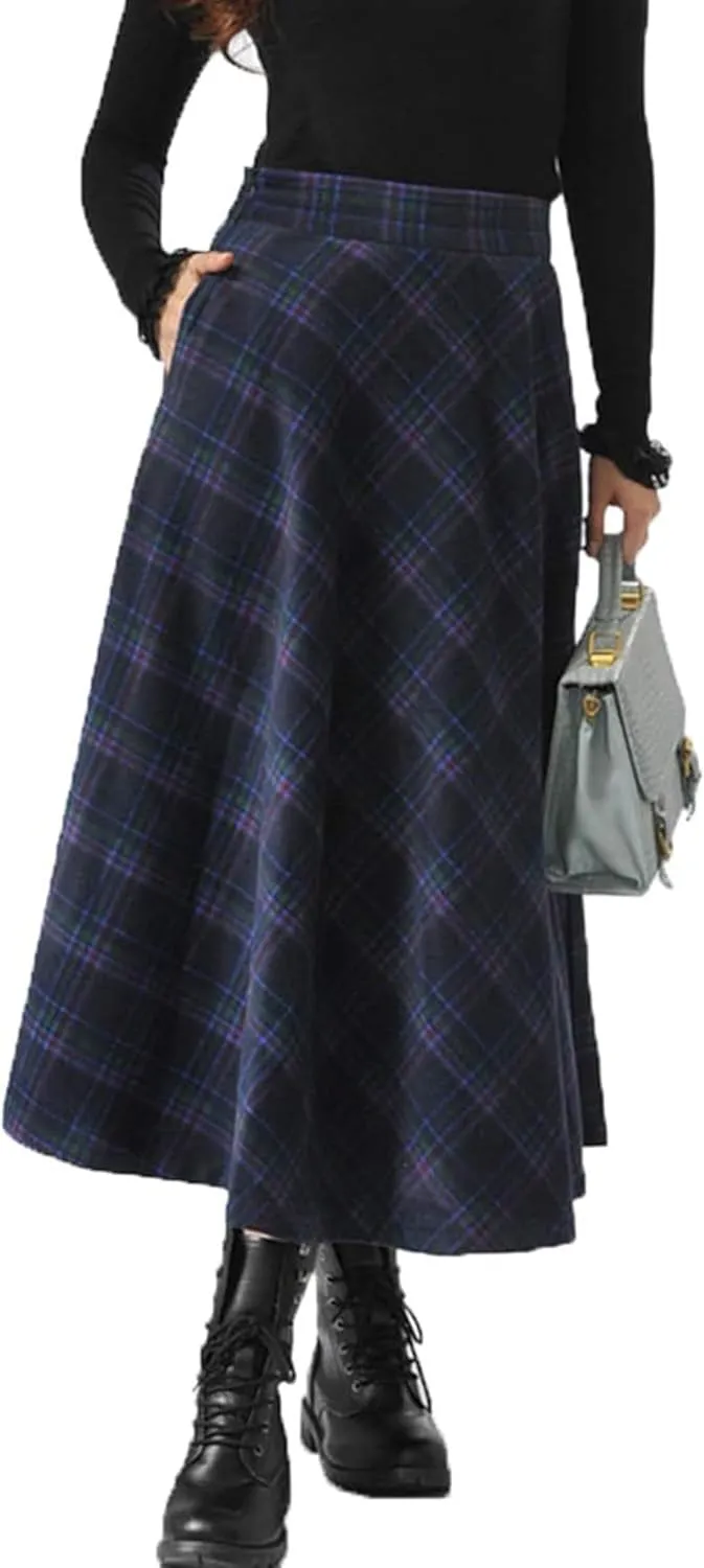 Womens Plaid Long Wool Skirt High Waist A-Line Pleated Maxi Skirt with Pockets