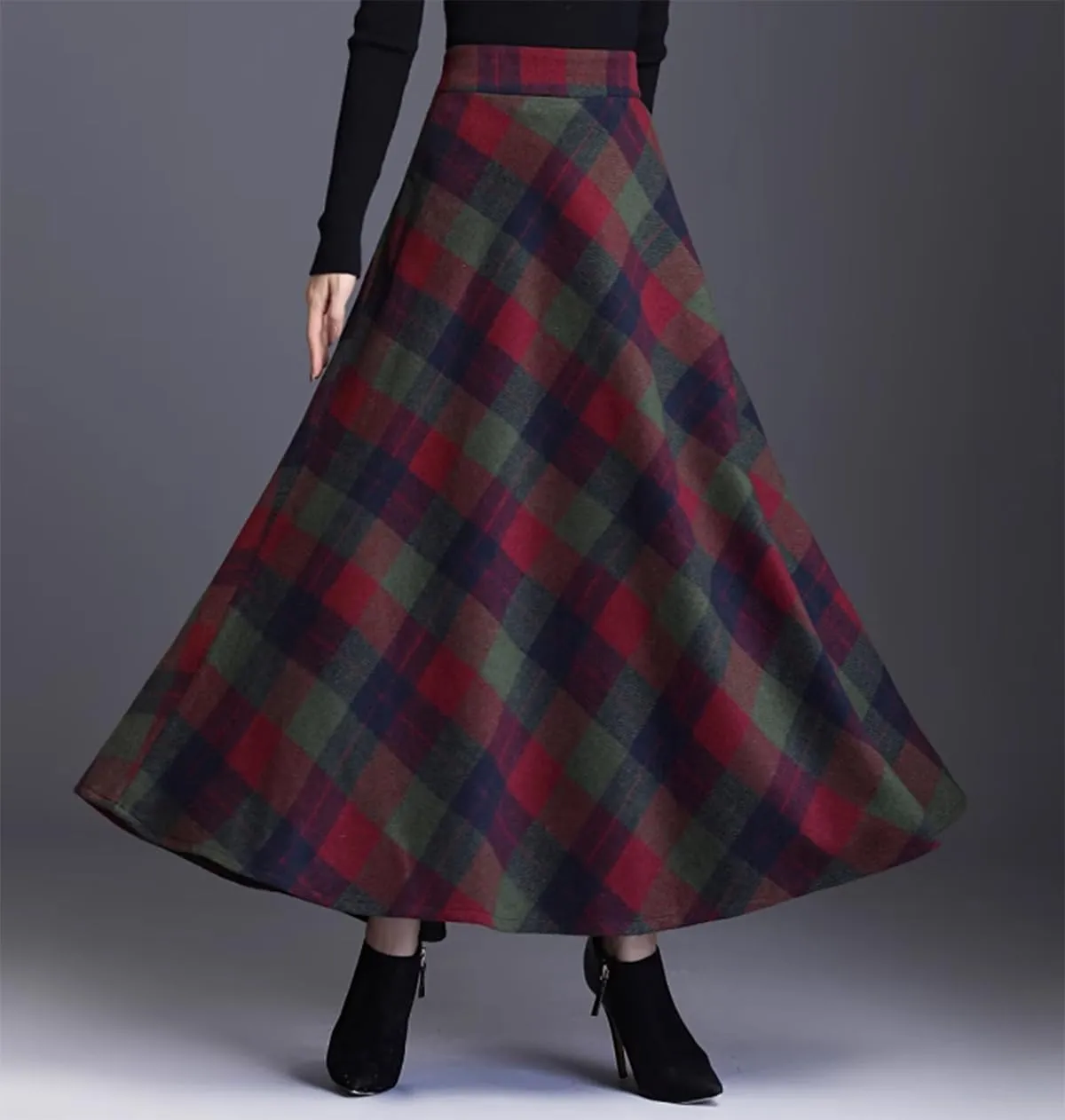 Womens Plaid Long Wool Skirt High Waist A-Line Pleated Maxi Skirt with Pockets
