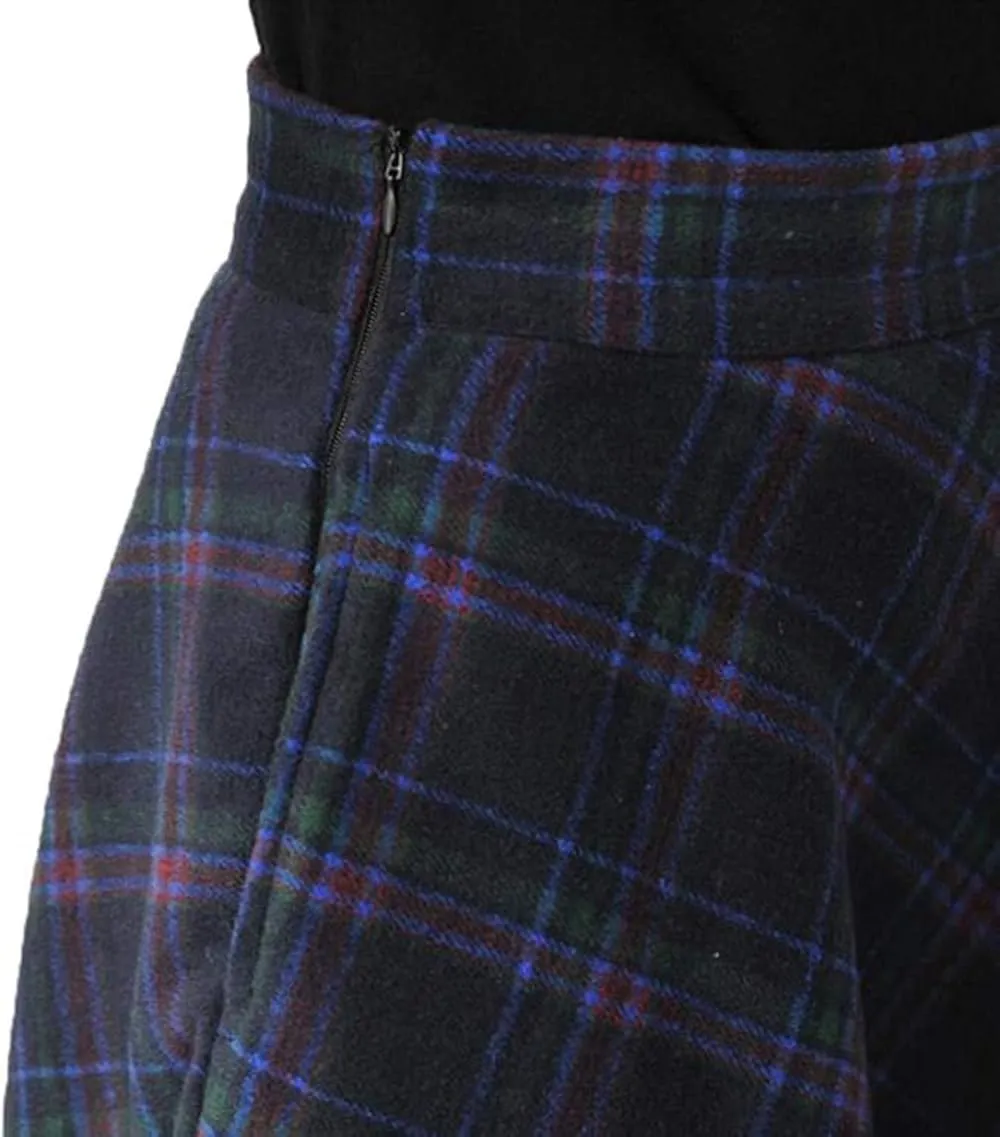 Womens Plaid Long Wool Skirt High Waist A-Line Pleated Maxi Skirt with Pockets