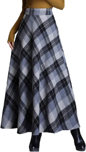Womens Plaid Long Wool Skirt High Waist A-Line Pleated Maxi Skirt with Pockets