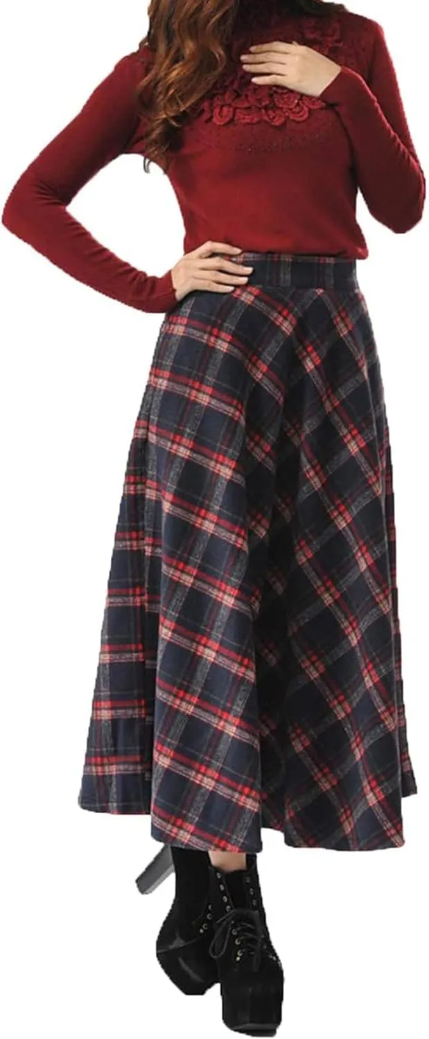 Womens Plaid Long Wool Skirt High Waist A-Line Pleated Maxi Skirt with Pockets