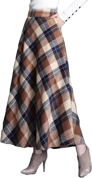 Womens Plaid Long Wool Skirt High Waist A-Line Pleated Maxi Skirt with Pockets