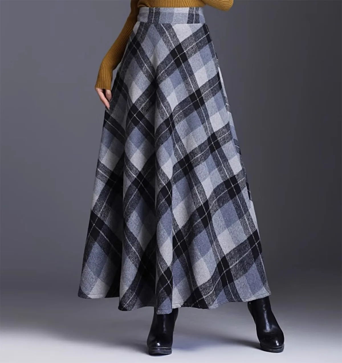 Womens Plaid Long Wool Skirt High Waist A-Line Pleated Maxi Skirt with Pockets
