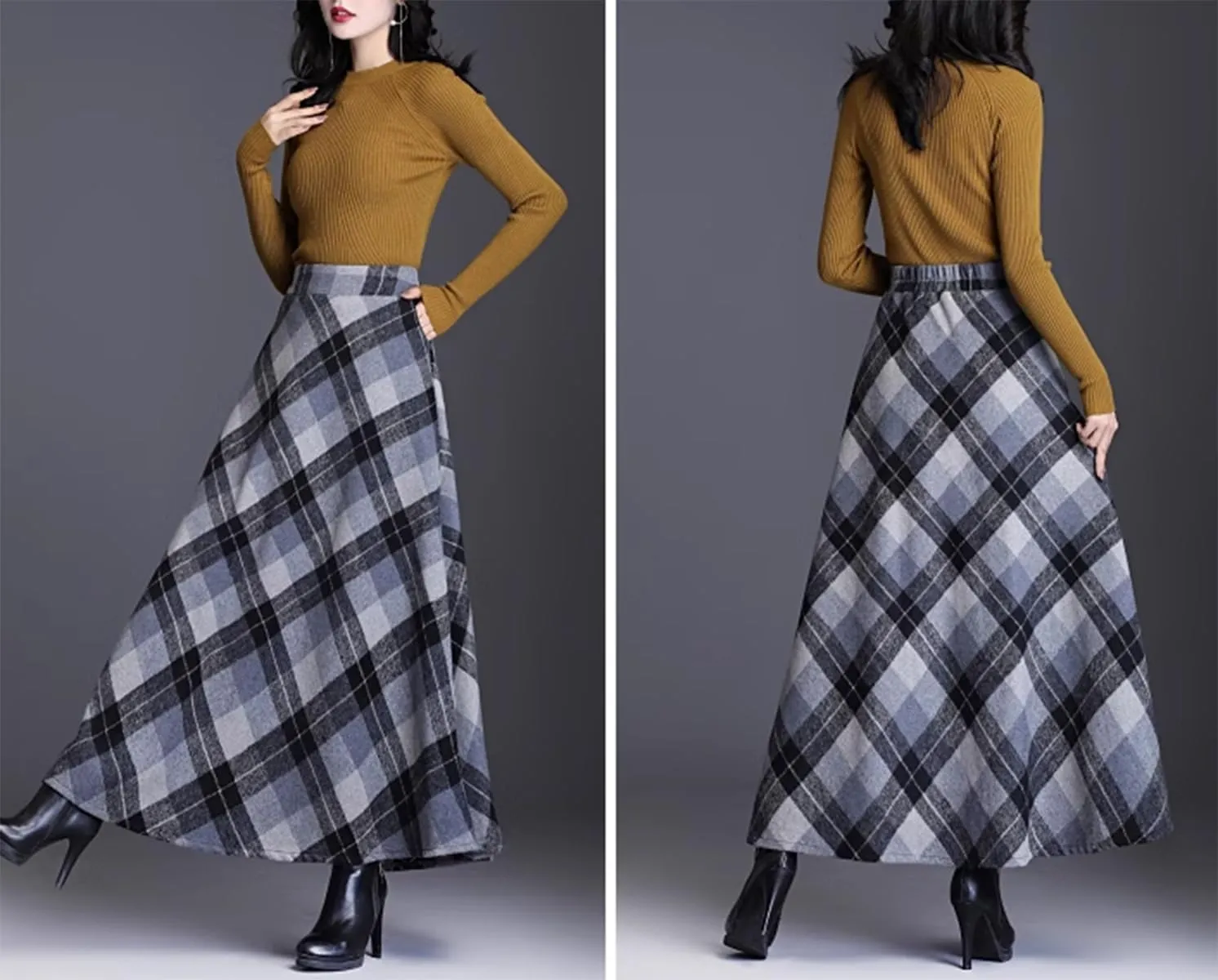 Womens Plaid Long Wool Skirt High Waist A-Line Pleated Maxi Skirt with Pockets