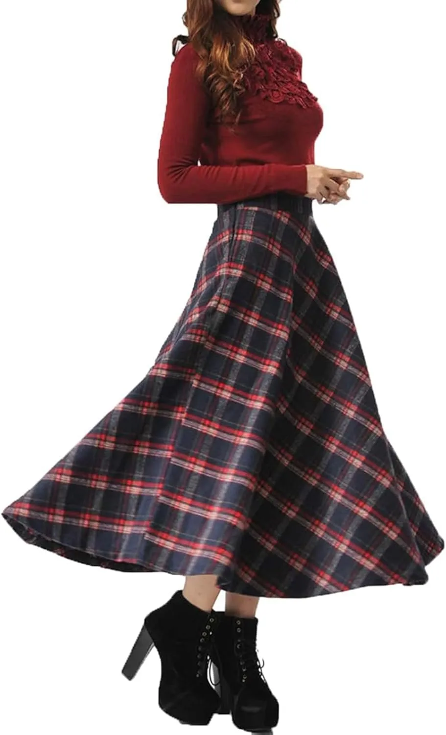 Womens Plaid Long Wool Skirt High Waist A-Line Pleated Maxi Skirt with Pockets