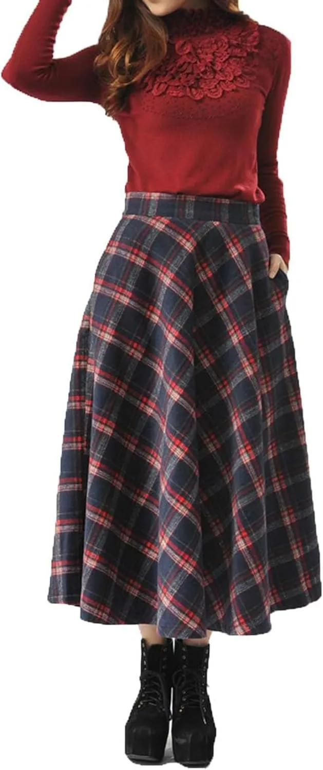 Womens Plaid Long Wool Skirt High Waist A-Line Pleated Maxi Skirt with Pockets