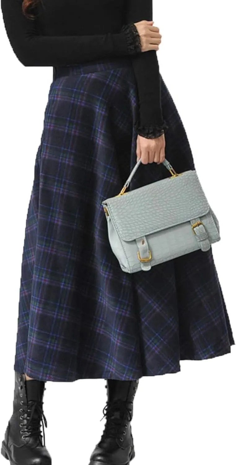 Womens Plaid Long Wool Skirt High Waist A-Line Pleated Maxi Skirt with Pockets