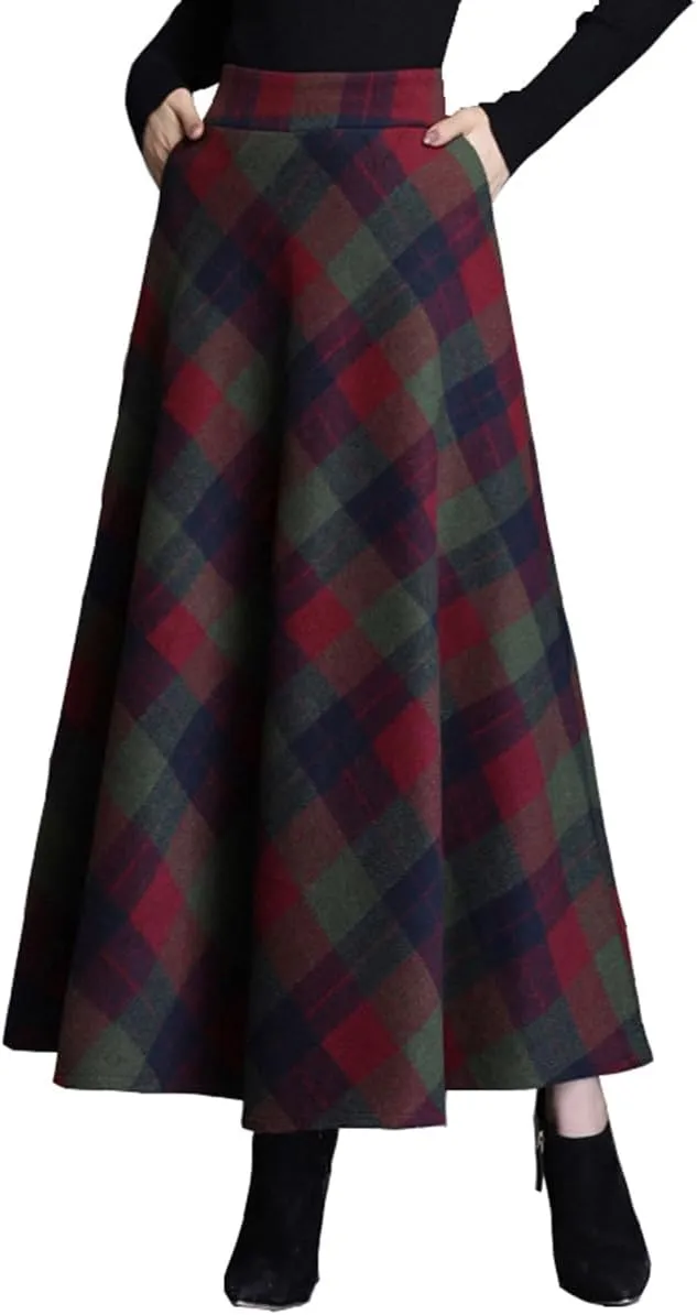 Womens Plaid Long Wool Skirt High Waist A-Line Pleated Maxi Skirt with Pockets