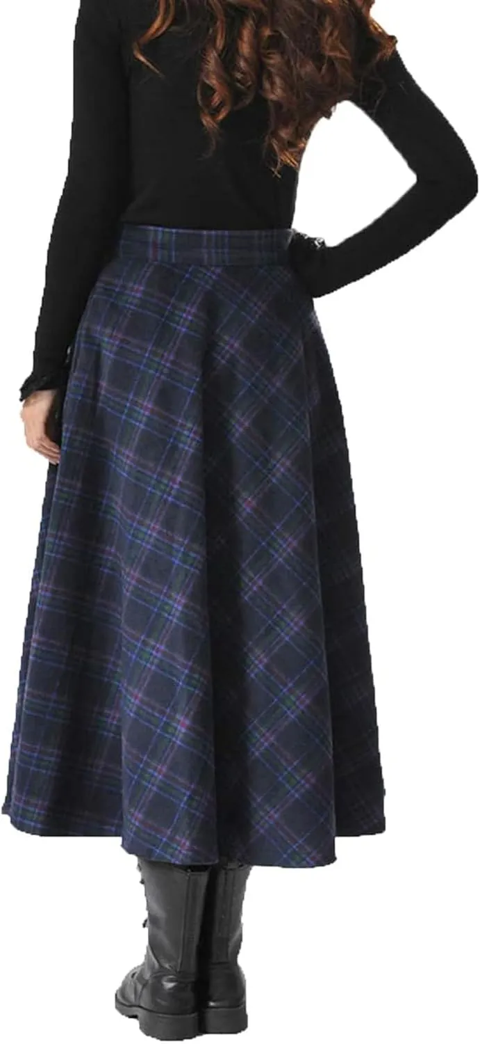 Womens Plaid Long Wool Skirt High Waist A-Line Pleated Maxi Skirt with Pockets