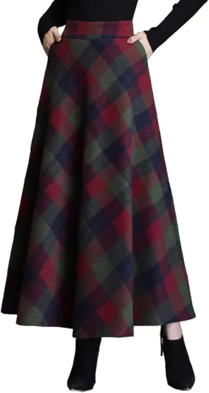 Womens Plaid Long Wool Skirt High Waist A-Line Pleated Maxi Skirt with Pockets