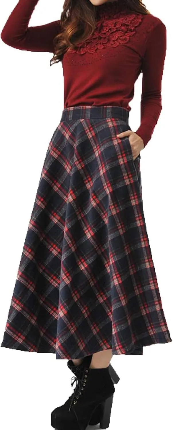 Womens Plaid Long Wool Skirt High Waist A-Line Pleated Maxi Skirt with Pockets