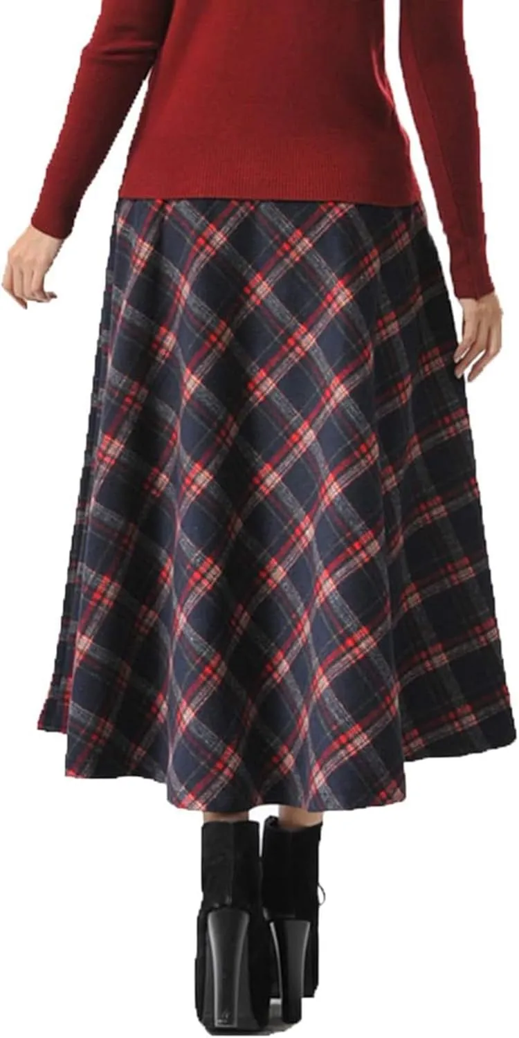 Womens Plaid Long Wool Skirt High Waist A-Line Pleated Maxi Skirt with Pockets