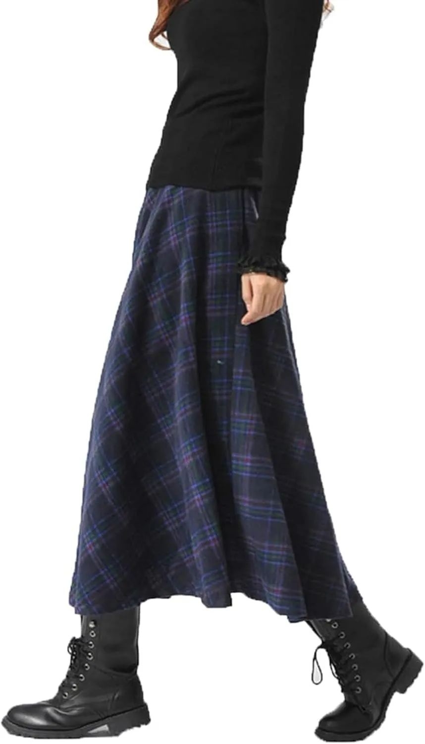 Womens Plaid Long Wool Skirt High Waist A-Line Pleated Maxi Skirt with Pockets