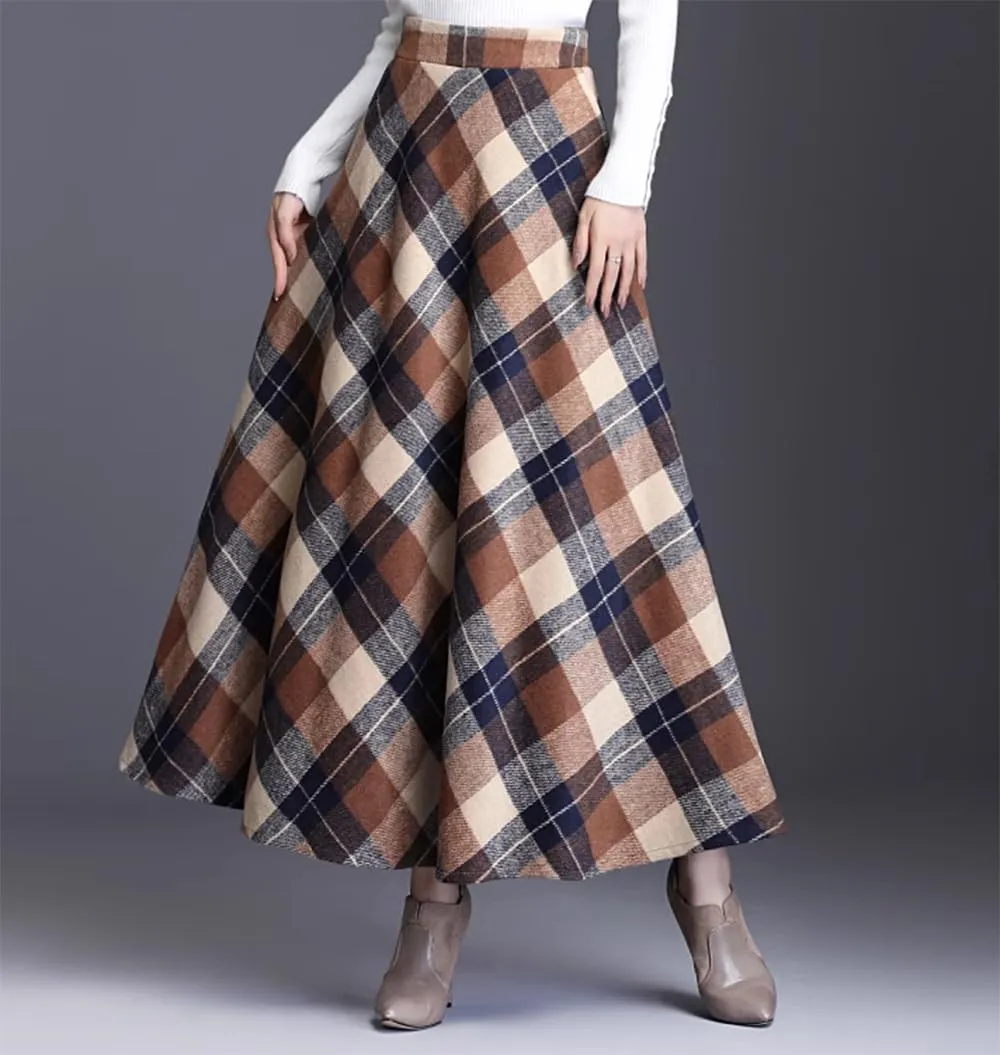Womens Plaid Long Wool Skirt High Waist A-Line Pleated Maxi Skirt with Pockets