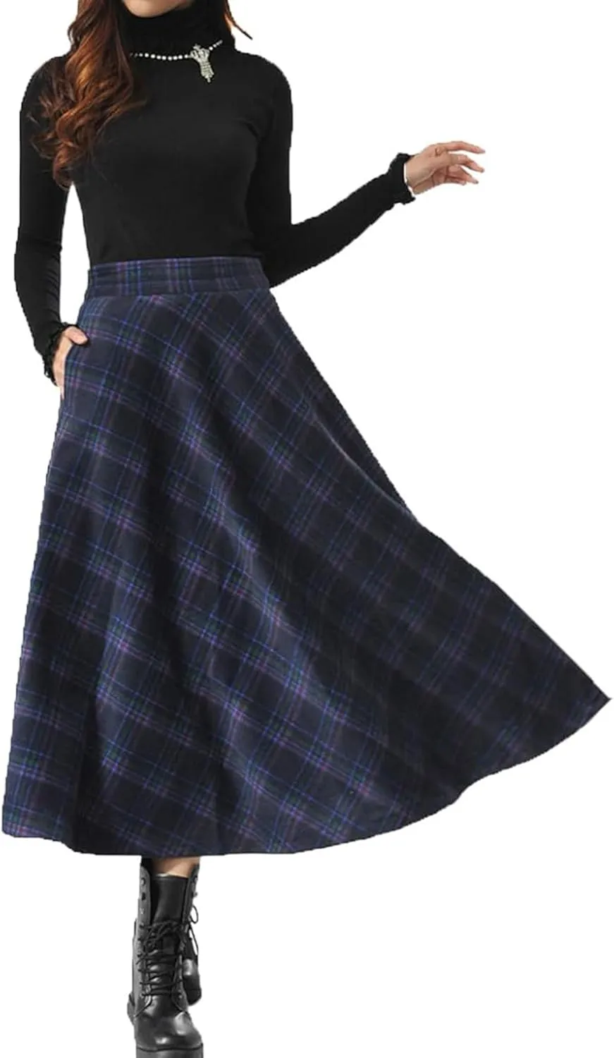 Womens Plaid Long Wool Skirt High Waist A-Line Pleated Maxi Skirt with Pockets